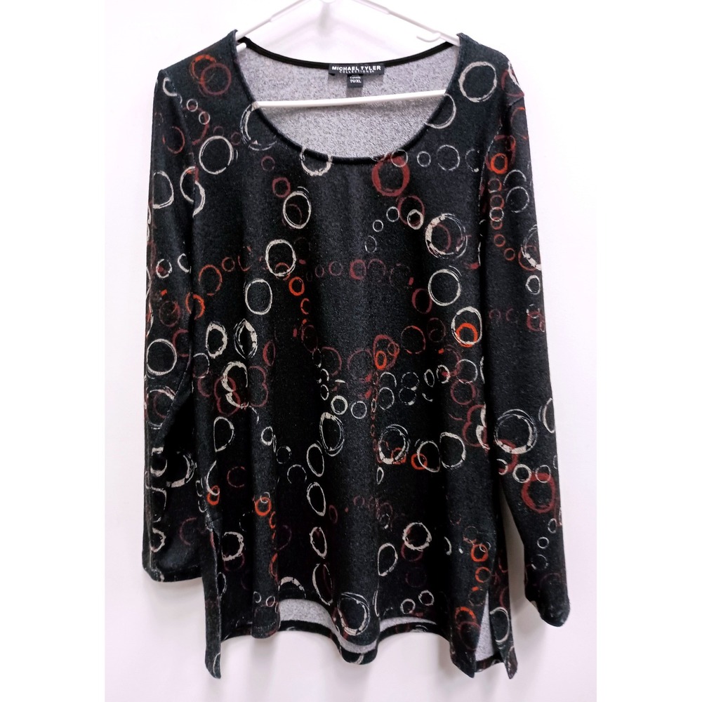 Michael Tyler Wearable Art Tunic Top Women XL Black Abstract Print Long Sleeve
